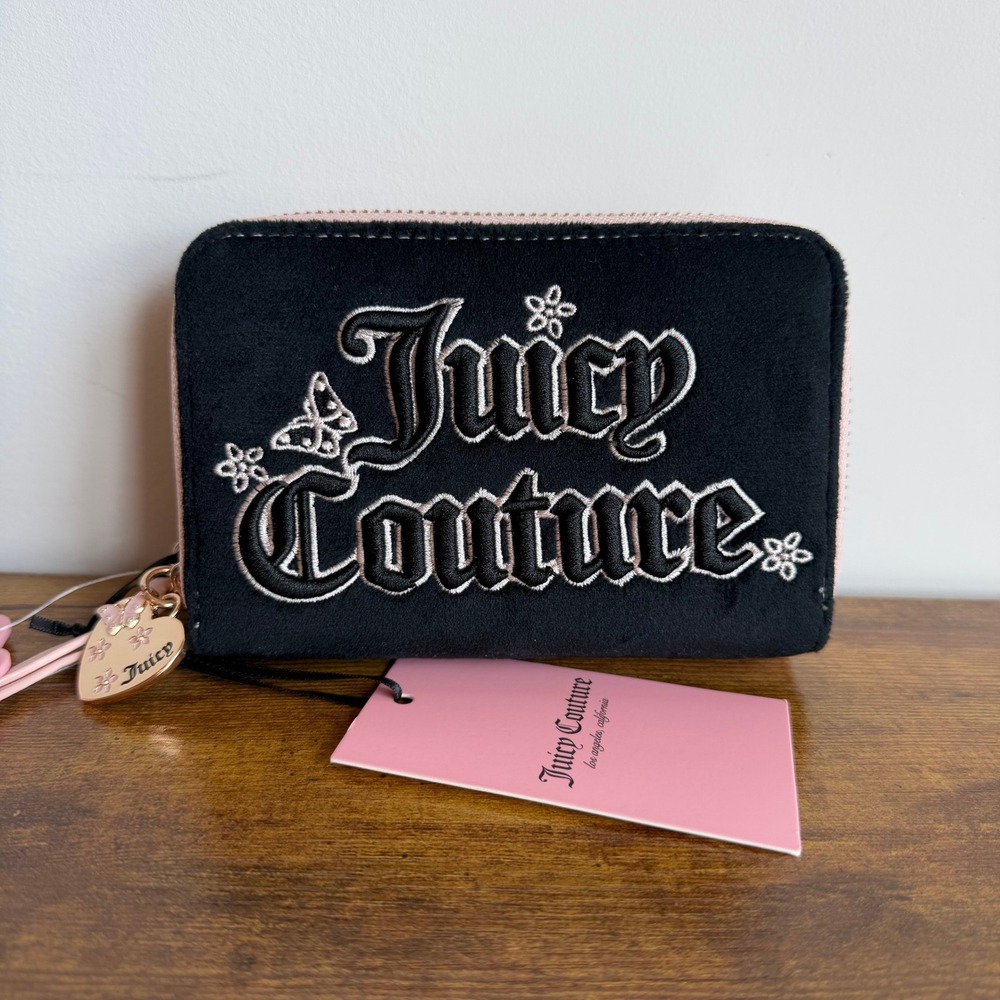 New Juicy Couture Juicy In The Sky Double Zip Wallet Black Pink Butterfly Flower